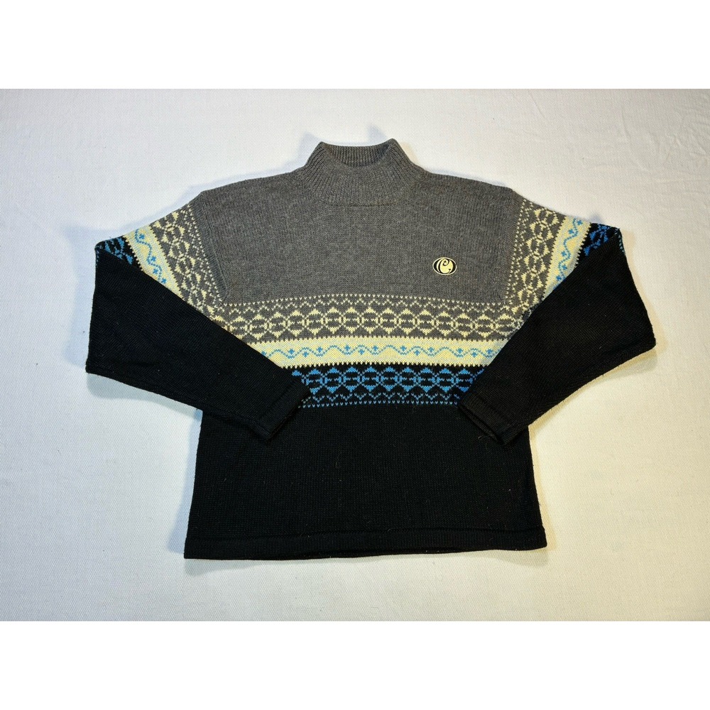 Vintage 90s Fair Isle Knit Sweater Womens Small Grey Black Wool Blend Retro